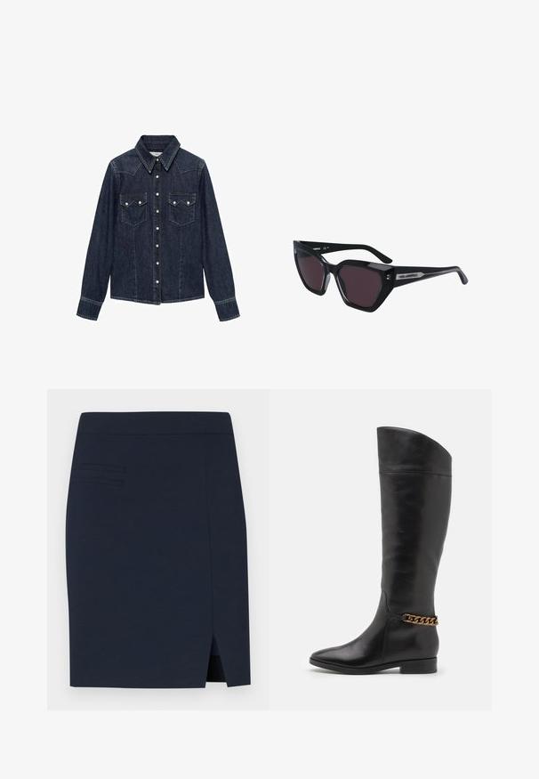 Mango Chemisier - dark blue; Jupe ajustée bleu marine en tissu lisse, avec une fente au dos et trois détails de couture horizontaux au niveau de la poche avant.; Bottes en cuir noir hautes au design épuré, avec un bout pointu et un accent en chaîne dorée à la cheville. Talon bas en bloc. Texture lisse.; Lunettes de soleil noires au design œil de chat, dotées de verres sombres, d'une finition brillante et de subtils accents de logo sur les branches.; Boucles d'oreilles en argent avec une finition lisse et brillante. Forme arrondie, conception légère, avec un fermoir à tige.