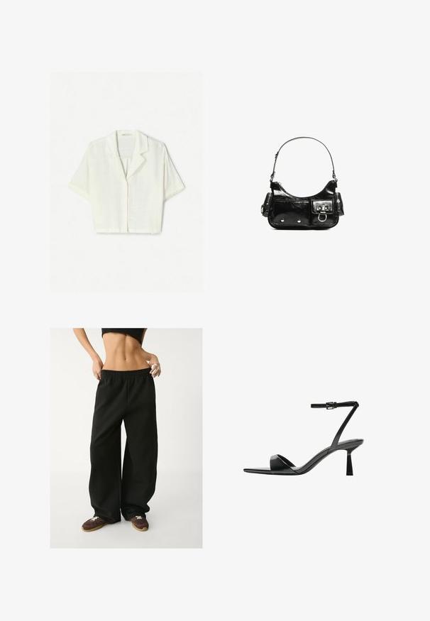 Kurzärmliges, cropped Shirt aus leichtem, strukturiertem weißen Stoff mit spitzem Kragen und Knopfleiste.; Schwarze, weite Jogginghosen mit elastischem Taillenbund. Hergestellt aus weichem Stoff und mit lockerer Passform. Kombiniert mit braunen Turnschuhen.; Bershka High Heel Sandalette - black; Schwarze Lackleder-Handtasche mit geschwungenem Design, einem Schulterriemen, Vordertaschen und silberfarbenen Hardware-Akzenten.