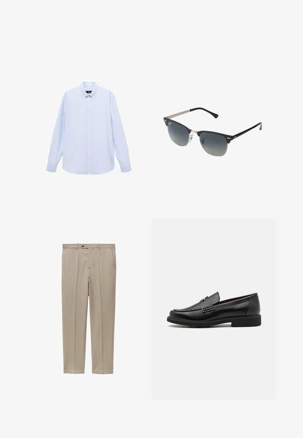 Svetlo modra srajca z dolgimi rokavi in gumbi, klasičnega ovratnika, ravnega roba in subtilne teksture. Ima srednje gumbno zapiranje.; Bež hlače iz lahkega materiala, z ravnim krojem, sprednjimi naborki in enim gumbom na pasu.; Črne sintetične loafers čevlje s poudarjenim šivanim sprednjim delom, blazinasto vložkom in ravnim gumijastim podplatom; eleganten dizajn z minimalnimi detajli.; Črne in srebrne sončna očala v obliki mačjih oči, z gradientnimi lečami in kovinskimi dodatki na okvirju. Plastične ročke s sivimi konicami.