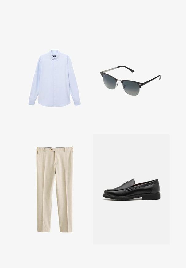 Vaaleansininen pitkähihainen nappipaita klassisella kauluksella, suora helma ja hienovarainen rakenne. Keskellä nappisuljenta.; Beige dress pants made from a textured fabric, featuring a standard waistband, front pleats, and a single button closure.; Musta keinotekoinen mokka, jossa on korostettu ommeltu etuosa, pehmeä sisäpohja ja litteä kumipohja; tyylikäs muotoilu, jossa on vähäistä yksityiskohtaisuutta.; Mustat ja hopeiset aurinkolasit, joissa on kissansilmämuoto, gradientti linssit ja metalliset yksityiskohdat kehysissä. Muoviset sangan päät harmaat.