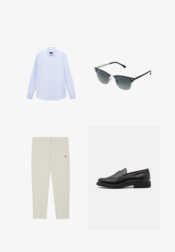 Vaaleansininen pitkähihainen nappipaita klassisella kauluksella, suora helma ja hienovarainen rakenne. Keskellä nappisuljenta.; Vaaleanbeiget muotitetut housut hienovaraisella tekstuurilla, joissa on napitettava suljenta ja tumman langan brodeerattu emblem logo taskun lähellä.; Musta keinotekoinen mokka, jossa on korostettu ommeltu etuosa, pehmeä sisäpohja ja litteä kumipohja; tyylikäs muotoilu, jossa on vähäistä yksityiskohtaisuutta.; Mustat ja hopeiset aurinkolasit, joissa on kissansilmämuoto, gradientti linssit ja metalliset yksityiskohdat kehysissä. Muoviset sangan päät harmaat.