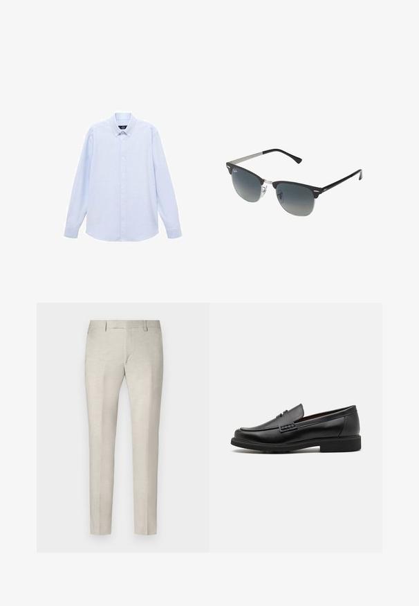 Hellblaues Langarmhemd mit Knopfleiste, klassischem Kragen, geradem Saum und subtiler Textur. Mit zentraler Knopfverschluss.; JOOP! Stoffhose - beige; Schwarze synthetische Slipper mit einer markanten gesteppten Vorderseite, gepolstertem Fußbett und flacher Gummisohle; schlankes Design mit minimaler Detailverarbeitung.; Schwarze und silberne Sonnenbrille mit Katzenaugenform, verlaufenden Gläsern und metallischen Akzenten im Rahmen. Plastische Bügel mit grauen Spitzen.