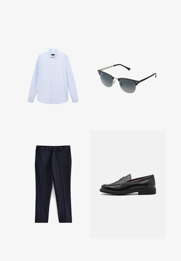 Hellblaues Langarmhemd mit Knopfleiste, klassischem Kragen, geradem Saum und subtiler Textur. Mit zentraler Knopfverschluss.; Next SLIM FIT ESSENTIAL - Anzughose - navy; Schwarze synthetische Slipper mit einer markanten gesteppten Vorderseite, gepolstertem Fußbett und flacher Gummisohle; schlankes Design mit minimaler Detailverarbeitung.; Schwarze und silberne Sonnenbrille mit Katzenaugenform, verlaufenden Gläsern und metallischen Akzenten im Rahmen. Plastische Bügel mit grauen Spitzen.