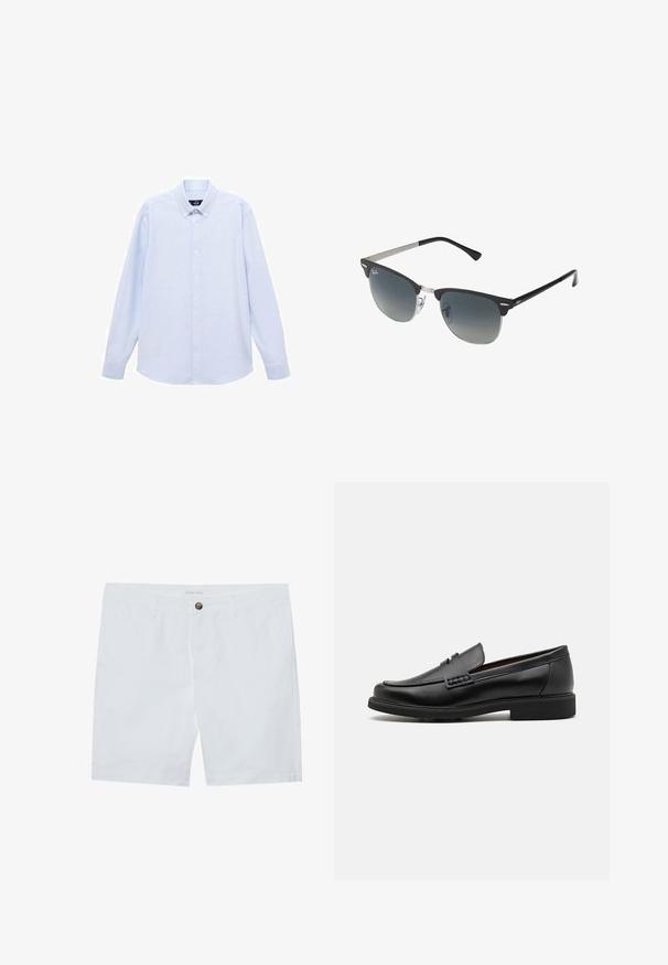 Vaaleansininen pitkähihainen nappipaita klassisella kauluksella, suora helma ja hienovarainen rakenne. Keskellä nappisuljenta.; Valkoiset puuvillashortsit, joissa on edessä napp closure, kaksi sivutaskua ja suora leikkaus. Merkkilogo "Pier One" vyötäröllä.; Musta keinotekoinen mokka, jossa on korostettu ommeltu etuosa, pehmeä sisäpohja ja litteä kumipohja; tyylikäs muotoilu, jossa on vähäistä yksityiskohtaisuutta.; Mustat ja hopeiset aurinkolasit, joissa on kissansilmämuoto, gradientti linssit ja metalliset yksityiskohdat kehysissä. Muoviset sangan päät harmaat.