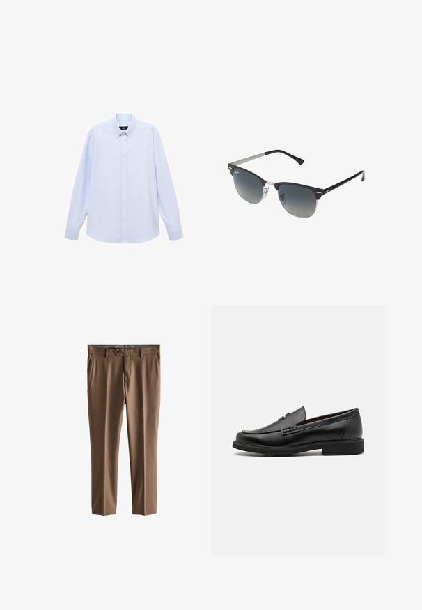Lichtblauwe overhemd met lange mouwen, knoopsluiting en een klassieke kraag, met een rechte zoom en een subtiele textuur. Voorzien van een centrale knoopsluiting.; Bruine, op maat gemaakte broeken van gestructureerde stof. Voorzien van een enkele knoopsluiting, twee voorkennis en een rechte pasvorm.; Zwarte synthetische loafers met een opvallende gestikte voorkant, gevoerde binnenzool en platte rubberen buitenzool; slank ontwerp met minimale details.; Zwarte en zilveren zonnebril met een cat-eye vorm, gradient lenzen en metalen accenten op het montuur. Plastic armen met grijze punten.