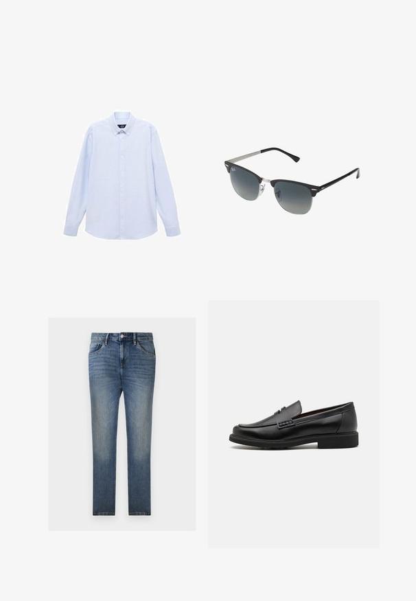 Cămașă cu mâneci lungi de un albastru deschis, cu guler clasic, tiv drept și o textură subtilă. Prezintă un închidere centrală cu nasturi.; TOM TAILOR JOSH  - Blugi drepți - clean light stone blue denim; Mocasini negri din material sintetic, cu un vârf cusut proeminent, interior căptușit și talpă plată din cauciuc; design elegant cu detalii minime.; Ochelari de soare negri și argintii cu o formă cat-eye, lentile cu gradient și accente metalice pe ramă. Brațe din plastic cu vârfuri gri.
