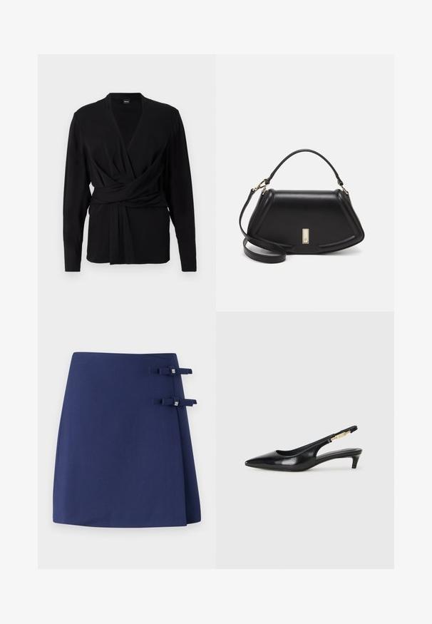 Czarna bluzka kopertowa z miękkiego materiału, z długimi rękawami, dekoltem w serek i wiązanym paskiem podkreślającym talię. Gładka tekstura.; Granatowa spódnica w stylu owijanym z teksturowanym wykończeniem, z dwoma małymi materiałowymi kokardkami jako akcentami po bokach. Prosty i zorganizowany design.; Czarne skórzane szpilki typu slingback z ostrym noskiem, posiadające smukły obcas i złoty akcent na regulowanym pasku. Gładka tekstura.; Czarna skórzana torebka o strukturalnym designie, z przyciętą formą, górnym uchwytem i złotymi akcentami. W zestawie regulowany pasek na ramię.