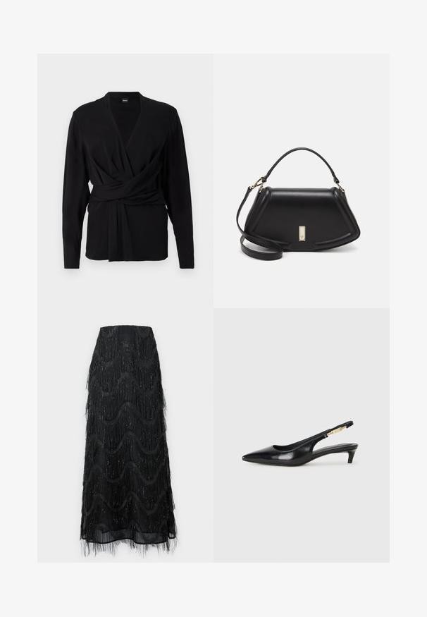 Svart omslagstopp laget av myk stoff, med lange ermer, v-hals og et knytebelte som fremhever midjen. Jevn tekstur.; Svart midi skjørt med lagdelt frynser og bølgemønstre. Laget av gjennomsiktig materiale med glitrende detaljer langs kantene.; Sorte lærreim hæler med spiss tå, som har en slank hæl og en gullfarget detalj på den justerbare stroppen. Glatt tekstur.; Sort lærveske med en strukturert design, som har en avkortet form, topphåndtak og detaljer i gull. Justerbar skulderstropp inkludert.