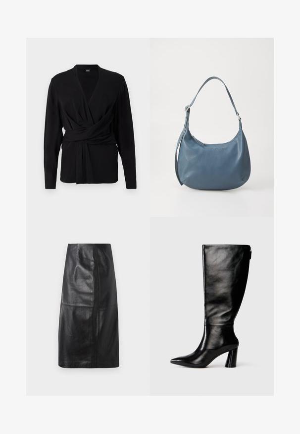 Mustat kääntöpaidan, joka on valmistettu pehmeästä kankaasta, pitkät hihat, v-pääntie ja solmittava vyö, joka korostaa vyötäröä. Silkkinen pinta.; DRYKORN GENTIANA - Kynähame - black; Mustat nahkasaappaat, joissa on terävä kärki, sileä pinta ja paksu korko. Takana on vetoketjuyksityiskohta.; Sininen nahkakäsilaukku pyöreällä muotoilulla, yhdellä olkahihnalla, vetoketjukiinnityksellä ja kohokuvioidulla brändinimellä edessä. Sileä pinta.