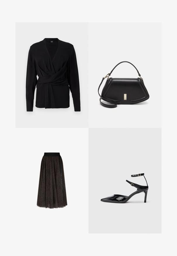 Top negru cu mâneci lungi, fabricat dintr-un material moale, având un guler în V și o curea legată ce accentuează talia. Textură netedă.; Fustă midi cu un model maro și negru, cu un talie elastică neagră și detalii cu dungi verticale negre pe o parte.; Cizme cu toc din piele lacuită neagră, cu vârf ascuțit, curele reglabile la gleznă și un toc subțire. Textură netedă cu un finisaj lucios.; Geantă de umăr din piele neagră, cu un design structurat, având o formă tăiată, mânere superioare și accente din aur. Include o curea de umăr ajustabilă.