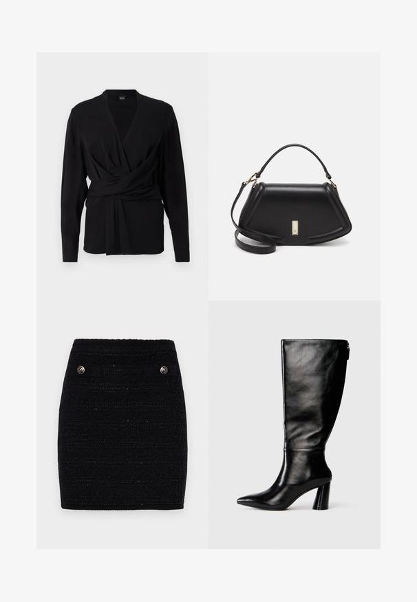Mustat kääntöpaidan, joka on valmistettu pehmeästä kankaasta, pitkät hihat, v-pääntie ja solmittava vyö, joka korostaa vyötäröä. Silkkinen pinta.; Musta tekstuurilla varustettu hame, jossa on vaakasuorat raidat, koristeelliset etutaskut hopeanvärisillä nappilla ja istuva siluetti.; Mustat nahkasaappaat, joissa on terävä kärki, sileä pinta ja paksu korko. Takana on vetoketjuyksityiskohta.; Mustalla nahkalaukulla, jossa on jämäkkä muotoilu, lyhyt malli, yläkahva ja kultaiset yksityiskohdat. Säädettävä olkahihna sisältyy.
