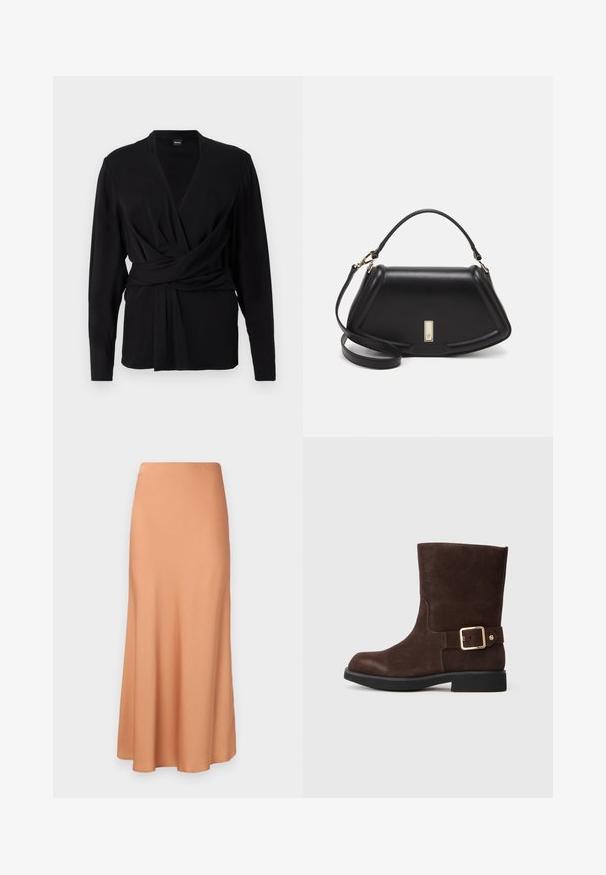 Haut enveloppant noir en tissu doux, avec des manches longues, un décolleté en V et une ceinture nouée mettant en valeur la taille. Texture lisse.; Jupe longue évasée en tissu doux pêche. Dotée d'une ceinture lisse, elle tombe doucement vers un ourlet effilé. Pas de motifs ni d'accents visibles.; Bottine en daim marron avec un bout arrondi, semelle noire plate et accent en boucle dorée sur le côté. Texture lisse et design simple.; Sac à main en cuir noir avec un design structuré, featuring une forme cropped, une poignée supérieure et des accents en matériel doré. Bandoulière réglable incluse.