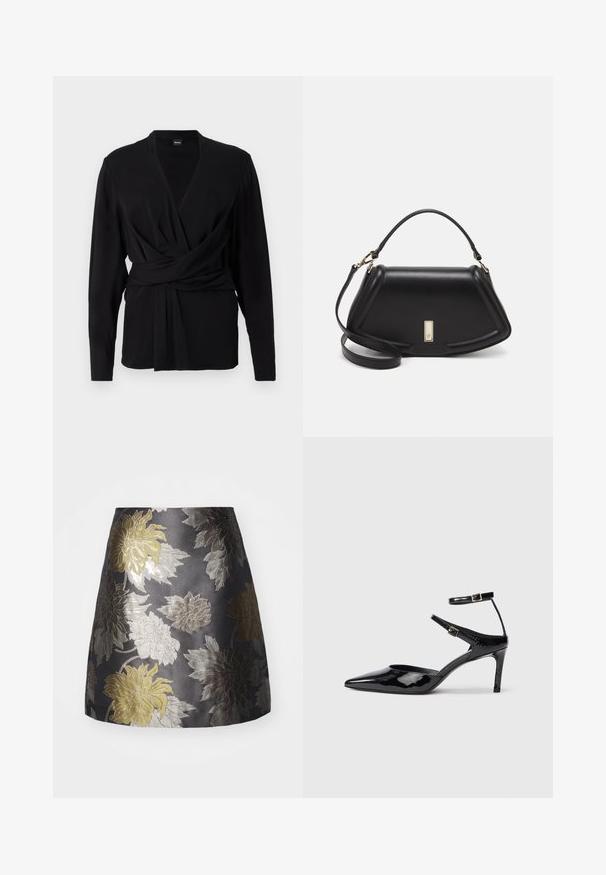 Haut enveloppant noir en tissu doux, avec des manches longues, un décolleté en V et une ceinture nouée mettant en valeur la taille. Texture lisse.; Jupe brodée florale en gris foncé, présentant des motifs de fleurs argentées et dorées, texture lisse et design ajusté avec un ourlet évasé.; Talons en cuir verni noir avec un bout pointu, des sangles de cheville ajustables et un talon fin. Texture lisse avec une finition brillante.; Sac à main en cuir noir avec un design structuré, featuring une forme cropped, une poignée supérieure et des accents en matériel doré. Bandoulière réglable incluse.