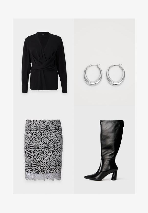 Svart omslagstopp laget av myk stoff, med lange ermer, v-hals og et knytebelte som fremhever midjen. Jevn tekstur.; Svart blondeskjørt med sølvfarget blomsterdesign, bølget kant og intrikat heklet tekstur. Fittet design med en glatt fôr under.; Knæhøye svarte lærstøvler med spiss tå, glatt tekstur og tykk hæl. Har glidelåsdetalj på baksiden.; Et par polerte sølv halvmåne hoop øredobber med hengselspenner på hvit bakgrunn.