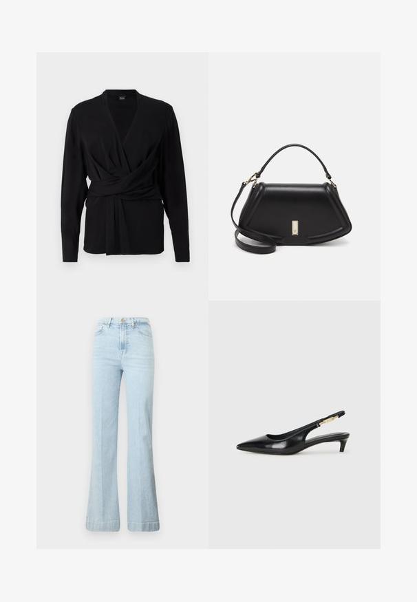 Haut enveloppant noir en tissu doux, avec des manches longues, un décolleté en V et une ceinture nouée mettant en valeur la taille. Texture lisse.; Jean évasé bleu clair en denim. Doté d'une taille haute, d'une fermeture éclair et de deux poches avant. Décoloration subtile sur le tissu, ourlet propre.; Talons hauts en cuir noir avec un bout pointu, dotés d'un talon fin et d'un accent en ton or sur la lanière réglable. Texture lisse.; Sac à main en cuir noir avec un design structuré, featuring une forme cropped, une poignée supérieure et des accents en matériel doré. Bandoulière réglable incluse.