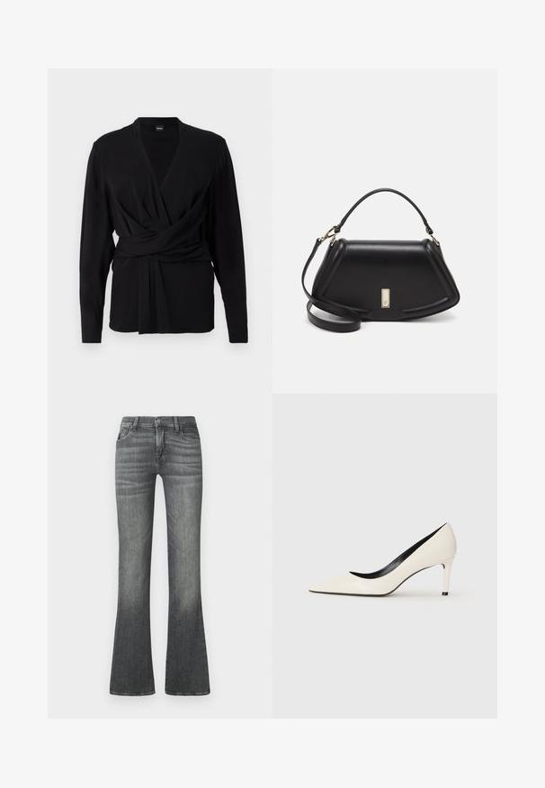 Svart wrap-top i mjukt tyg, med långa ärmar, v-ringning och en knytrem som betonar midjan. Slät textur.; Grå utsvängda jeans i denim med medelhög midja, subtila blekningar och klassisk femficksdesign.; Vit patenterad läder högklackad pumpe med spetsig tå, smal klack och svarta detaljer inuti. Slät yta och elegant design.; Svart läderhandväska med en strukturerad design, som har en avskuren form, ett handtag upptill och guldiga detaljer. Justerbar axelrem ingår.