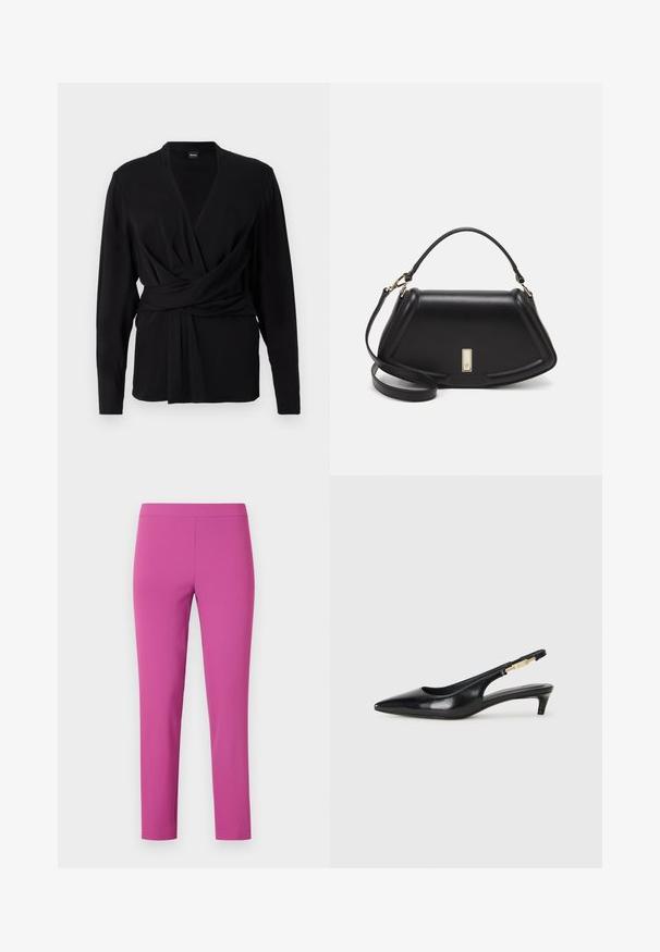 Black wrap top made of soft fabric, featuring long sleeves, a v-neckline, and a tied belt accentuating the waist. Smooth texture.; Fitted, high-waisted pants in vibrant pink, made of smooth, stretchy fabric. Ankle-length cut with no visible pockets or fastenings.; Black leather slingback heels with a pointed toe, featuring a slim heel and a gold-tone accent on the adjustable strap. Smooth texture.; Black leather handbag with a structured design, featuring a cropped shape, top handle, and gold hardware accent. Adjustable shoulder strap included.
