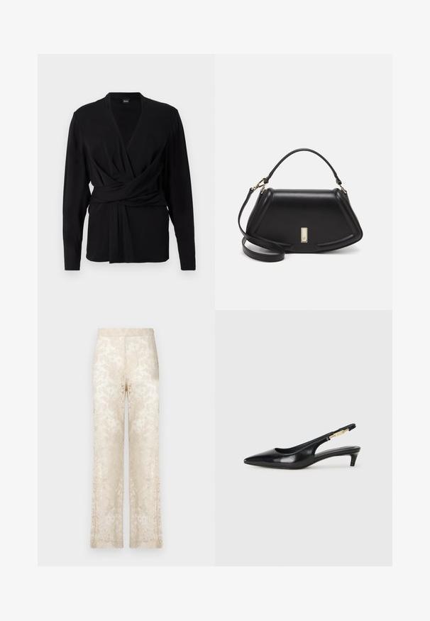 Svart wrap-top i mjukt tyg, med långa ärmar, v-ringning och en knytrem som betonar midjan. Slät textur.; Spetsbyxor med vida ben i krämfärgad, med intrikata blommönster och en strukturerad yta. Resårmidja för komfort.; Svart läder slingback-hälar med spetsig tå, med en smal klack och en guldtonad detalj på den justerbara remmen. Slät textur.; Svart läderhandväska med en strukturerad design, som har en avskuren form, ett handtag upptill och guldiga detaljer. Justerbar axelrem ingår.