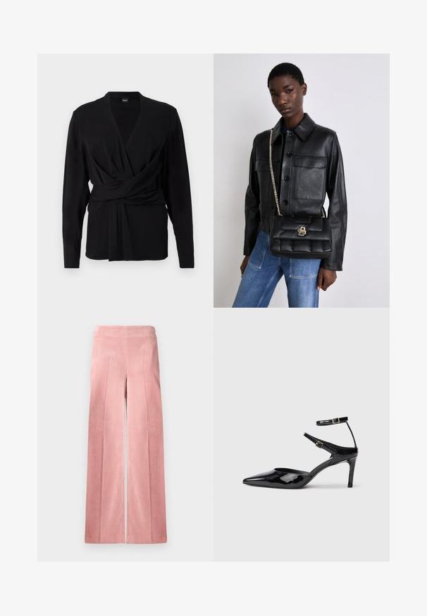 Schwarzes Wickeloberteil aus weichem Stoff, mit langen Ärmeln, einem V-Ausschnitt und einem gebundenen Gürtel, der die Taille betont. Sanfte Textur.; Helle rosa, weit geschnittene Cordhosen mit vertikaler Rippung und einem taillierten Bund. Glatte Textur mit einer lässigen Silhouette.; Schwarze Lacklederabsätze mit spitzer Zehenpartie, verstellbaren Knöchelriemen und einem schlanken Absatz. Glatte Textur mit glänzender Oberfläche.; Schwarze Lederjacke mit Knopfverschluss und zwei vorderen Taschen, kombiniert mit einer schwarzen gesteppte Handtasche mit goldener Schnalle und Kettenriemen.