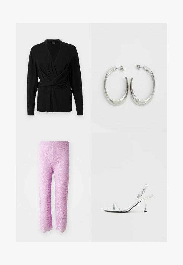 Juodas apvyniotas viršus, pagamintas iš minkštos medžiagos, turintis ilgus rankovės, V formos iškirptę ir surištą diržą, akcentuojantį liemenį. Lygios tekstūros.; Rožinės nėriniuotos kelnės su banguotu apvadu, puoštos sudėtingais gėlių raštais. Audinys atrodo lengvas ir tekstūruotas, sukurtas prigludusiai silueto formai.; Sidabrinės patentinės odos slingback aukšto kulno sandalai su siauru pirštų dirželiu, reguliuojamu sagtimi ir plonu kulnu.; Sidabriniai apvalūs auskarai su lygiu, išlenktu dizainu. Yra blizgus metalinis paviršius ir smeigtukų uždarymas. Nėra matomų raštų ar akcentų.