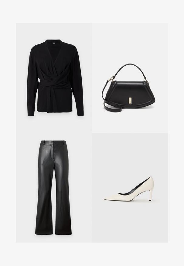 Svart wrap-top i mjukt tyg, med långa ärmar, v-ringning och en knytrem som betonar midjan. Slät textur.; Svarta läderbyxor med en slät textur, vid ben-design och en mid-rise midja som har bälteshällor och framfickor.; Vit patenterad läder högklackad pumpe med spetsig tå, smal klack och svarta detaljer inuti. Slät yta och elegant design.; Svart läderhandväska med en strukturerad design, som har en avskuren form, ett handtag upptill och guldiga detaljer. Justerbar axelrem ingår.