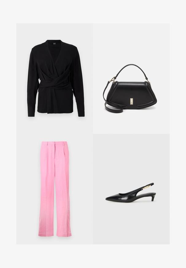 Czarna bluzka kopertowa z miękkiego materiału, z długimi rękawami, dekoltem w serek i wiązanym paskiem podkreślającym talię. Gładka tekstura.; Różowe lniane spodnie o luźnym kroju, z przodu z zakładkami, z zapięciem na guzik i kieszeniami bocznymi. Gładka tekstura i prosty krój nogawek.; Czarne skórzane szpilki typu slingback z ostrym noskiem, posiadające smukły obcas i złoty akcent na regulowanym pasku. Gładka tekstura.; Czarna skórzana torebka o strukturalnym designie, z przyciętą formą, górnym uchwytem i złotymi akcentami. W zestawie regulowany pasek na ramię.