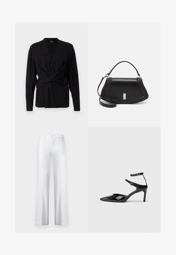 Schwarzes Wickeloberteil aus weichem Stoff, mit langen Ärmeln, einem V-Ausschnitt und einem gebundenen Gürtel, der die Taille betont. Sanfte Textur.; Weiße, weite Jeans mit hoher Taille, ausgestattet mit einem Knopfverschluss, einem Fünf-Taschen-Design und umgeschlagenen Säumen. Hergestellt aus Denim-Stoff.; Schwarze Lacklederabsätze mit spitzer Zehenpartie, verstellbaren Knöchelriemen und einem schlanken Absatz. Glatte Textur mit glänzender Oberfläche.; Schwarze Lederhandtasche mit einem strukturierten Design, das eine verkürzte Form, einen oberen Griff und goldfarbene Hardware-Details aufweist. Verstellbarer Schulterriemen ist enthalten.