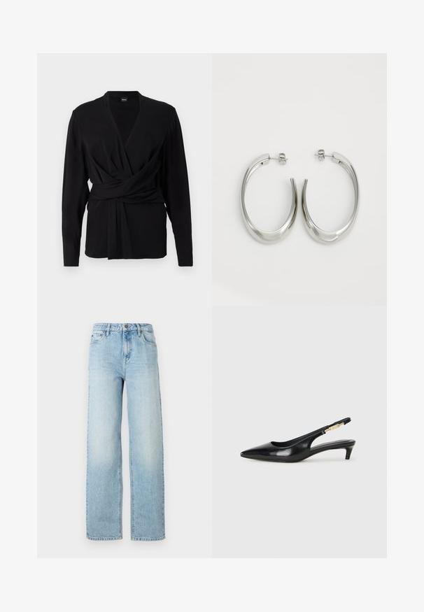 Top negro de envoltura hecho de una tela suave, con mangas largas, un escote en V y un cinturón atado que acentúa la cintura. Textura suave.; Jeans de mezclilla de corte ancho en azul claro, con un diseño clásico de cinco bolsillos, cierre de botón y un ligero desgaste para dar textura.; Tacones negros de piel sintética tipo slingback con punta afilada, que cuentan con un tacón delgado y un detalle en tono dorado en la correa ajustable. Textura suave.; Pendientes de aro de plata con un diseño curvado y suave. Presentan un acabado metálico brillante y cierre de presión. Sin patrones ni acentos visibles.