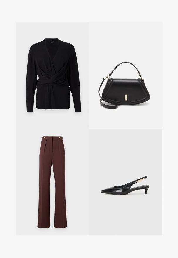 Black wrap top made of soft fabric, featuring long sleeves, a v-neckline, and a tied belt accentuating the waist. Smooth texture.; High-waist brown wide-leg trousers with front pleats and gold button details on adjustable waist tabs.; Black leather slingback heels with a pointed toe, featuring a slim heel and a gold-tone accent on the adjustable strap. Smooth texture.; Black leather handbag with a structured design, featuring a cropped shape, top handle, and gold hardware accent. Adjustable shoulder strap included.