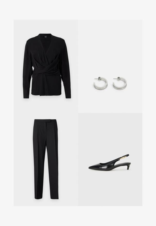 Must valge pehmest kangast, millel on pikad varrukad, V-kujuline kaelus ja seotud vöö, mis rõhutab talje. Sile tekstuur.; Mustad siidiselt kangast püksid, millel on sirge lõige, küljetaskud ja diskreetne konks ja riba kinnitamine vööl.; Mustad nahast slingback kontsad terava ninaga, millel on õhuke konts ja kuldse tooni aktsent reguleeritaval rihmal. Sile tekstuur.; Hõbedased rõngaskõrvarõngad, mis kujutavad endast siledat pinda ja ülemineku alumise serva ääres väikeste selgete kividega, tagaküljel on kinnituseks postkinnitus.
