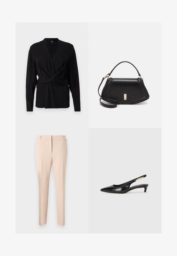 Svart omslagstopp laget av myk stoff, med lange ermer, v-hals og et knytebelte som fremhever midjen. Jevn tekstur.; Beige skreddersydde bukser med flat front, belteholdere, to sidelommer og rett ben-design. Jevn stofftekstur og minimale detaljer.; Sorte lærreim hæler med spiss tå, som har en slank hæl og en gullfarget detalj på den justerbare stroppen. Glatt tekstur.; Sort lærveske med en strukturert design, som har en avkortet form, topphåndtak og detaljer i gull. Justerbar skulderstropp inkludert.
