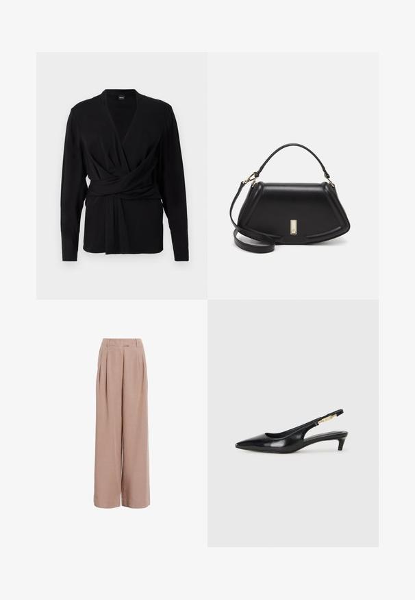 Zwarte wikkeltop van zacht materiaal, met lange mouwen, een V-hals en een strikceintuur die de taille accentueert. Gladde textuur.; AllSaints DERI LYN TROUSER - Broek - doe brown; Zwarte leren slingback hakken met een spitse neus, voorzien van een slanke hak en een goudkleurige accent op de verstelbare band. Gladde textuur.; Zwarte leren handtas met een gestructureerd ontwerp, featuring een verkorte vorm, bovenhandvat en gouden hardwareaccent. Inclusief verstelbare schouderband.