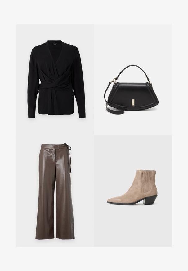 Mustat kääntöpaidan, joka on valmistettu pehmeästä kankaasta, pitkät hihat, v-pääntie ja solmittava vyö, joka korostaa vyötäröä. Silkkinen pinta.; Ruskohvased faux nahast laiad püksid kõrge vöökohaga ja külgtõmblustega valgel taustal.; Nude mokasíny s špičatou špičkou a tvarovaným podpätkom, s vertikálnym prešívaním na stranách.; Mustalla nahkalaukulla, jossa on jämäkkä muotoilu, lyhyt malli, yläkahva ja kultaiset yksityiskohdat. Säädettävä olkahihna sisältyy.
