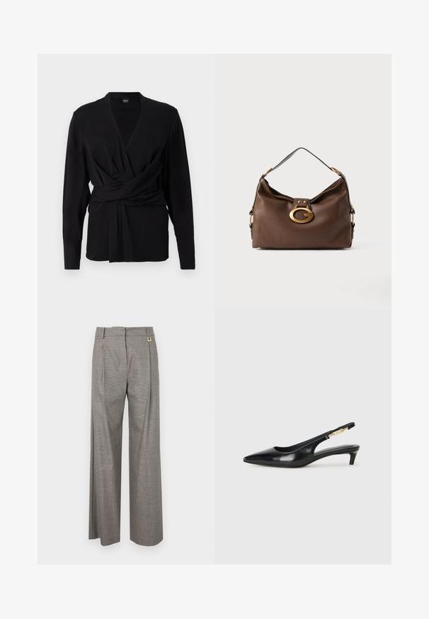 Mustat kääntöpaidan, joka on valmistettu pehmeästä kankaasta, pitkät hihat, v-pääntie ja solmittava vyö, joka korostaa vyötäröä. Silkkinen pinta.; Harmaat ruudulliset leveälahkeiset housut korkealla vyötäröllä, etupuolilla laskokset ja kultainen detalji vyötärön kohdalla. Teksturoitu kangas.; Mustat nahkaiset slingback-korkokengät, joissa on terävä kärki, ohuet korot ja kultasävytteinen yksityiskohta säädettävässä hihnassa. Silkkinen pinta.; Ruskea nahkalaukku, jossa on teksturoitu pinta, kultasävyisellä kiinnityksellä ja yhdellä kaarevalla olkahihnalla.
