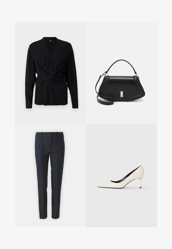 Black wrap top made of soft fabric, featuring long sleeves, a v-neckline, and a tied belt accentuating the waist. Smooth texture.; Navy blue tailored trousers with a smooth texture, featuring front pleats, belt loops, and a straight leg design, made from a lightweight fabric.; White patent leather high-heeled pump with a pointed toe, slim heel, and black interior detailing. Smooth texture and sleek design.; Black leather handbag with a structured design, featuring a cropped shape, top handle, and gold hardware accent. Adjustable shoulder strap included.