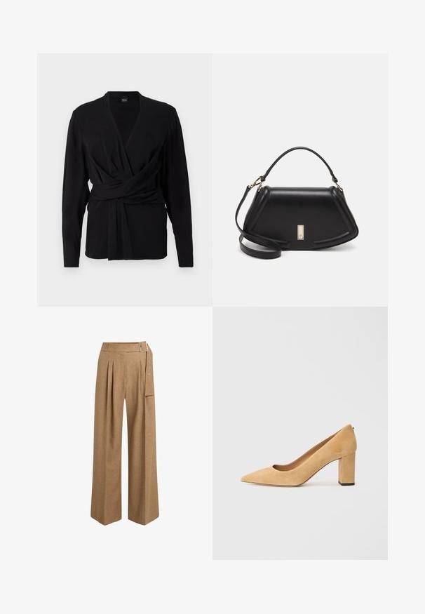 Zwarte wikkeltop van zacht materiaal, met lange mouwen, een V-hals en een strikceintuur die de taille accentueert. Gladde textuur.; Bruine, wijde broek van textiel met structuur. Voorzien van een geplooide voorkant, riemlussen en een zijzak met zilverkleurige hardware accenten.; Beige suède hoge hakken met een spitse neus en een stevige blokhak. Het materiaal heeft een zachte textuur met een gladde afwerking.; Zwarte leren handtas met een gestructureerd ontwerp, featuring een verkorte vorm, bovenhandvat en gouden hardwareaccent. Inclusief verstelbare schouderband.