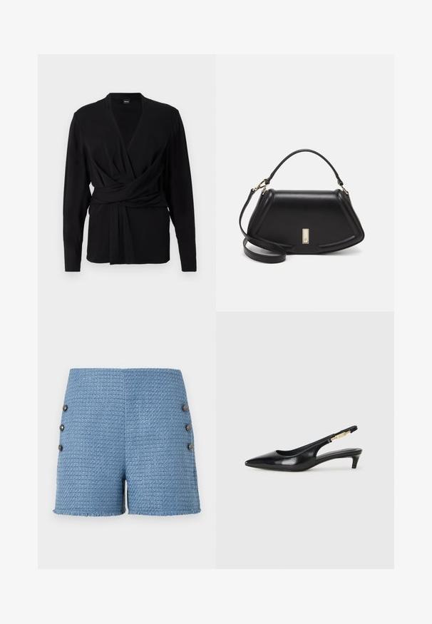 Black wrap top made of soft fabric, featuring long sleeves, a v-neckline, and a tied belt accentuating the waist. Smooth texture.; Blue woven shorts featuring a textured fabric, frayed hem, and four decorative buttons on the side for added detail.; Black leather slingback heels with a pointed toe, featuring a slim heel and a gold-tone accent on the adjustable strap. Smooth texture.; Black leather handbag with a structured design, featuring a cropped shape, top handle, and gold hardware accent. Adjustable shoulder strap included.