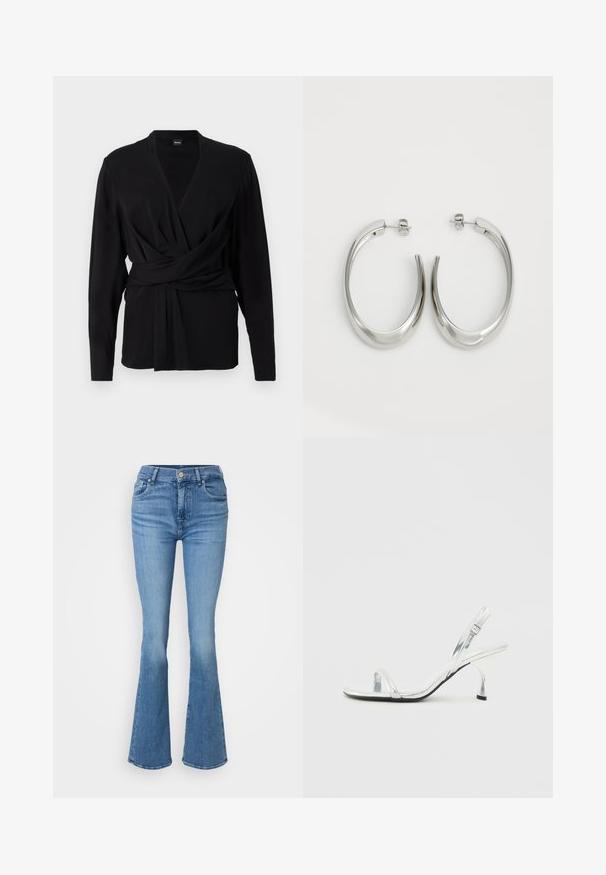 Črn zgornji del z ovitkom, izdelan iz mehke tkanine, z dolgimi rokavi, v-izrezom in veznim pasom, ki poudarja pas. Gladka tekstura.; Svijetloplave traperice s flared krojem. Karakteristike uključuju visoki struk, dizajn s pet džepova i jednim dugmetom s prednje strane.; Srebrna patentna usnjena sandala na visoki peti s ozkim pasom za prste, nastavljivim zaponcem in vitkim petami.; Srebrni uhani v obliki obroča z gladkim, ukrivljenim oblikovanjem. Imajo sijajno kovinsko površino in zapiranje na žebljiček. Brez vidnih vzorcev ali dodatkov.