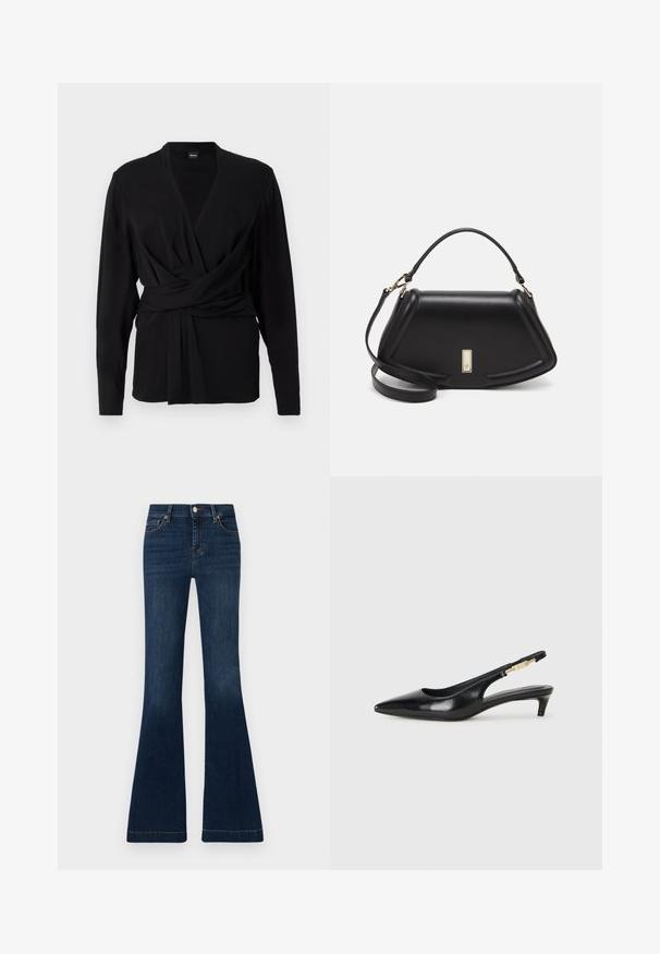 Black wrap top made of soft fabric, featuring long sleeves, a v-neckline, and a tied belt accentuating the waist. Smooth texture.; Dark blue flared jeans made of denim. High waist design, with five pockets and contrast stitching along the seams. Smooth texture, classic fit.; Black leather slingback heels with a pointed toe, featuring a slim heel and a gold-tone accent on the adjustable strap. Smooth texture.; Black leather handbag with a structured design, featuring a cropped shape, top handle, and gold hardware accent. Adjustable shoulder strap included.