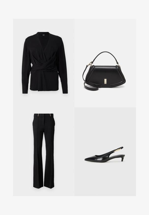 Top avvolgente nero in tessuto morbido, con maniche lunghe, scollatura a V e una cintura annodata che accentua la vita. Tessuto liscio.; LIU JO PANT FIT AND FLARE - Pantaloni - nero; Tacchi slingback in pelle nera con punta affusolata, caratterizzati da un tacco alto e un accento dorato sulla cinghia regolabile. Texture liscia.; Borsa a mano in pelle nera con un design strutturato, caratterizzata da una forma corta, manico superiore e accessori in metallo dorato. Inclusa tracolla regolabile.