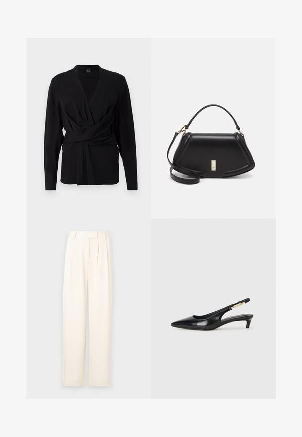 Top avvolgente nero in tessuto morbido, con maniche lunghe, scollatura a V e una cintura annodata che accentua la vita. Tessuto liscio.; Pantaloni beige chiaro a gamba larga con una texture liscia, caratterizzati da pieghe frontali e una vita piatta. Senza chiusure o tasche visibili.; Tacchi slingback in pelle nera con punta affusolata, caratterizzati da un tacco alto e un accento dorato sulla cinghia regolabile. Texture liscia.; Borsa a mano in pelle nera con un design strutturato, caratterizzata da una forma corta, manico superiore e accessori in metallo dorato. Inclusa tracolla regolabile.