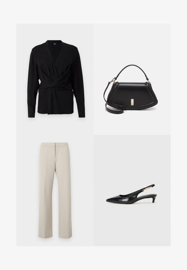 Black wrap top made of soft fabric, featuring long sleeves, a v-neckline, and a tied belt accentuating the waist. Smooth texture.; Beige straight-leg trousers with a flat front and no visible hardware or patterns. Made of smooth fabric, featuring a clean-cut design.; Black leather slingback heels with a pointed toe, featuring a slim heel and a gold-tone accent on the adjustable strap. Smooth texture.; Black leather handbag with a structured design, featuring a cropped shape, top handle, and gold hardware accent. Adjustable shoulder strap included.