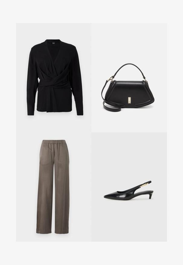 Must valge pehmest kangast, millel on pikad varrukad, V-kujuline kaelus ja seotud vöö, mis rõhutab talje. Sile tekstuur.; Laiad püksid tumesinises värvitoonis, valmistatud siledast kangast. Omavad elastset vööosa ja laia lõiget mugavuse tagamiseks.; Mustad nahast slingback kontsad terava ninaga, millel on õhuke konts ja kuldse tooni aktsent reguleeritaval rihmal. Sile tekstuur.; Must mustrist käekott, millel on struktureeritud disain, lühendatud kuju, ülemine käepide ja kuldne metallist detail. Reguleeritav õlalihm on kaasas.