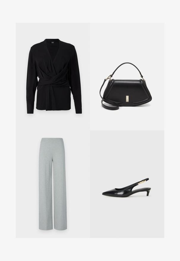 Svart omslagstopp laget av myk stoff, med lange ermer, v-hals og et knytebelte som fremhever midjen. Jevn tekstur.; DRYKORN BEFORE - Bukse - grey; Sorte lærreim hæler med spiss tå, som har en slank hæl og en gullfarget detalj på den justerbare stroppen. Glatt tekstur.; Sort lærveske med en strukturert design, som har en avkortet form, topphåndtak og detaljer i gull. Justerbar skulderstropp inkludert.
