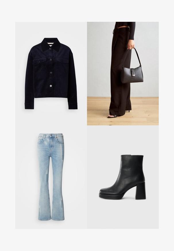 Sötét tengerészkék kordbársony dzseki nagy hegyes gallérral, gombos elülső résszel és két gombos hajtókás mellzsebbel.; Scotch & Soda THE GLOW - Bootcut farmer - art from the heart; Fekete bőr bokacsizma tömbsarkal és platform talppal, oldalról nézve, sima fehér háttéren.; Fekete kézi táska strukturált formával, sima textúrával és fémből készült záródással. Széles fekete nadrággal és nyitott orrú szandállal párosítva, fából készült padlón.
