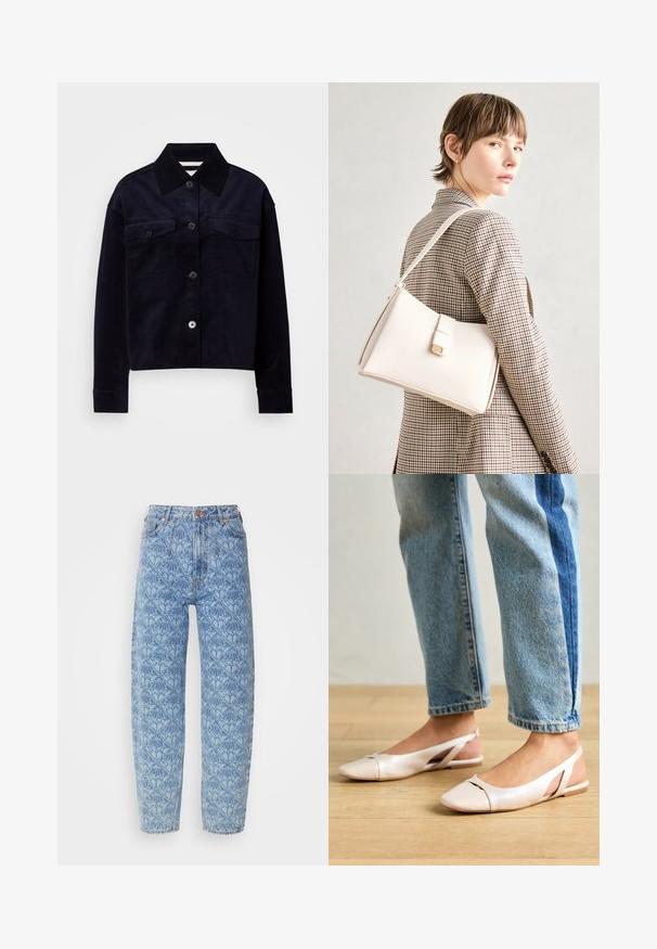 Tume tumesinine kant-jakk, millel on suur terav krae, nupuga esikinnitus ja kaks nupuga klapiga rinnataskut.; Heledad sinine kõrge vöökohtadega teksad geomeetrilise mustriga, sirge puusaga disain, õmblus-detailid ja vase toonis nööbid.; Kahvatu roosa slingback lapikute jalatsite paar, millel on terav varvas, valmistatud siledast nahataolisest materjalist. Omab külgedel lõikekohti ja lapikut kontsa.; Valge nahast käekott struktureeritud disainiga, millel on magnetlukk ja õlavarre rihm, esitletud neutraalse tausta ees.