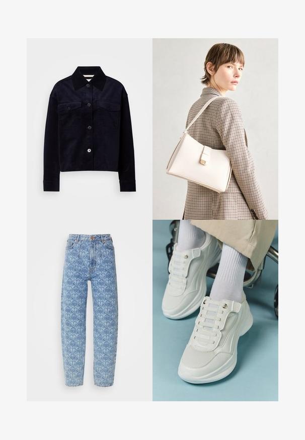 Donkerblauwe corduroy jas met grote puntige kraag, knoopsluiting en twee klepzakken op de borst met knopen.; Lichtblauwe high-waisted jeans met een geometrisch patroon, recht gesneden ontwerp, gestikte details en koperen knoopaccenten.; Witte sneakers met een mesh materiaal, rubberen zool, vetersloze uitvoering met elastische banden en gouden accenten.; Witte leren handtas met een gestructureerd ontwerp, voorzien van een magneetsluiting en een schouderriem, tentoongesteld tegen een neutrale achtergrond.