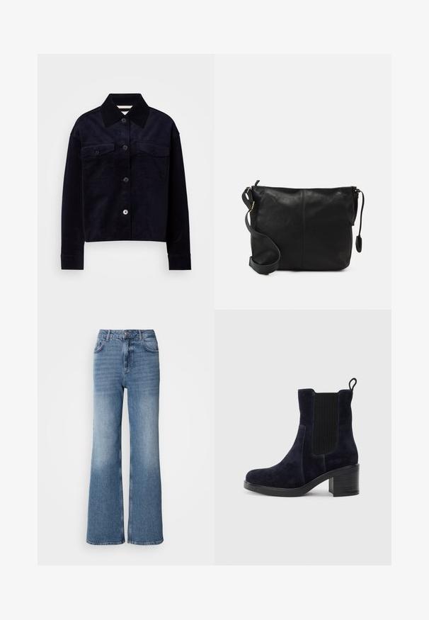 Tamsiai mėlynas kordūro tipo švarkas su dideliu smailiu apykakle, mygtukų užsegimu ir dviem kišenėmis krūtinėje su mygtukais.; Mos Mosh MAI - Tiesaus kirpimo džinsai - blue wash; Tamsiai mėlynos suknelės odos aulinukai iki kulkšnių su elastingu šoniniu paneliu, apvaliu pirštu ir bloko kulnu. Tekstūruota medžiaga ir lygi padas suteikia kontrastą.; Juodas odinis per petį nešiojamas krepšys plokščia forma, su auksiniais detalių akcentais ir reguliuojama juosta. Lygi tekstūra su minimaliais siuvimo elementais.