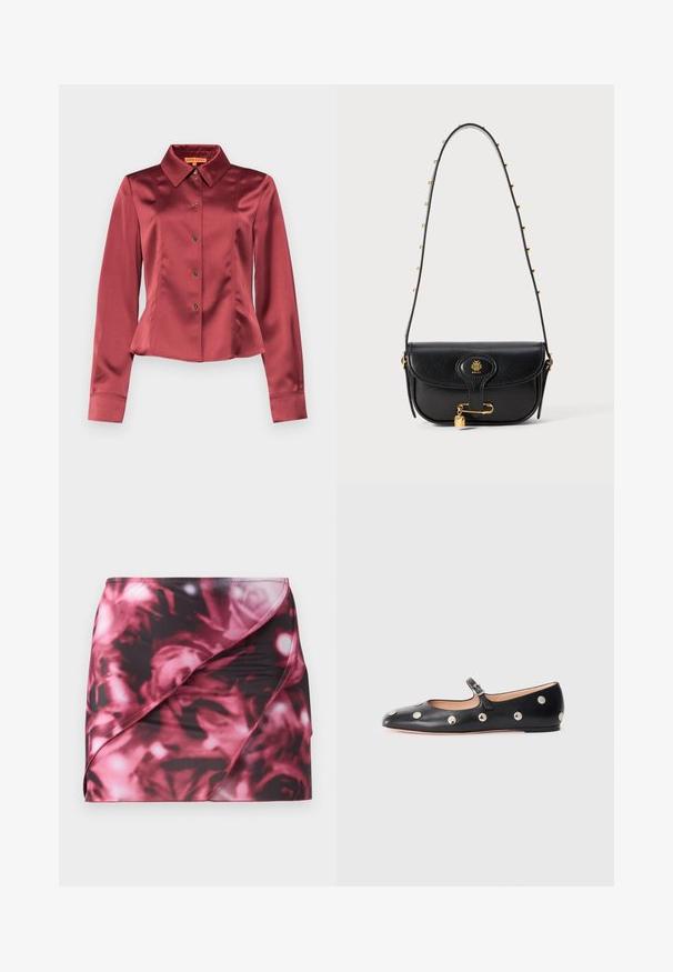Stine Goya Camicetta - raspberry; Grembiule corto e aderente con motivo floreale nero e rosa. Realizzato in materiale liscio e elastico con un design a drappo diagonale e orlo cucito.; Scarpa flat nera in pelle tipo Mary Jane con punta arrotondata, caratterizzata da borchie circolari argentate e una fascia regolabile con fibbia.; Borsa a tracolla in pelle nera con un design strutturato, dotata di un logo dorato, un accento a forma di lucchetto e una tracolla decorata con catena.
