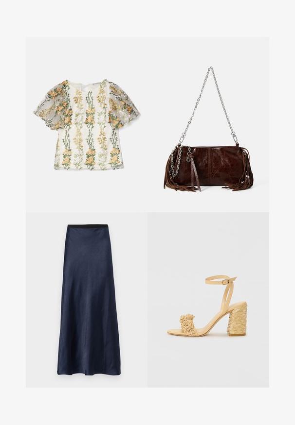 Ida Sjöstedt MAGDA EMBROIDERY - Potiskana majica - multi-coloured; Mornarsko satenasta midi krila z gladko teksturo, razširjenim dizajnom in črnim elastičnim pasom. Brez vzorcev ali vidne opreme.; Beige sandala na visokom potplatu s pletenom teksturom, s dekorativnim cvijetom i remenom oko gležnja. Kvadratna peta osigurava stabilnost.; Rjava usnjena torbica z teksturiranim zaključkom, srebrnim verižnim naramnicami in rjavimi resicami ob straneh. Ima zadrgo.